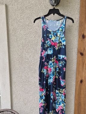 Navy Floral Scoop Maxi Dress with Blue & Pink Blooms